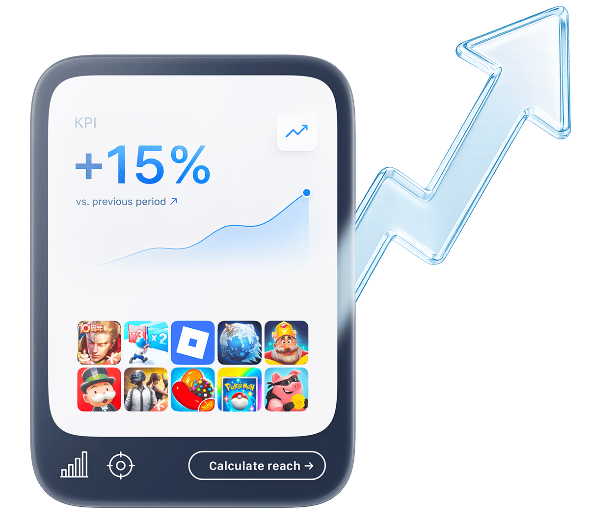 Monetizr KPI Booster — phone with game icons and growth arrow
